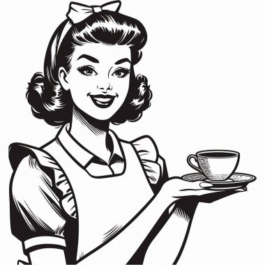1940 'ların modası geçmiş, gülümseyen bir kadın, bir fincan kahve ikram ediyor, klasik çizgi roman tarzında siyah beyaz çizgili bir resim çiziyor. Nostalji, kafe ya da reklam temalı tasarımlar için mükemmel..