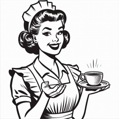 1940 'ların modası geçmiş, gülümseyen bir kadın, bir fincan kahve ikram ediyor, klasik çizgi roman tarzında siyah beyaz çizgili bir resim çiziyor. Nostalji, kafe ya da reklam temalı tasarımlar için mükemmel..
