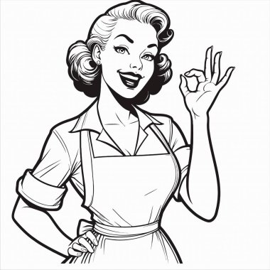 1940 'ların klasik kadını elini kaldırmış ve parmaklarını gevşek bir şekilde kıvırmış, siyah beyaz çizgilerle resmedilmiş. Temiz mizah tarzı, geçmişe dönük, nostaljik ve klasik temalı tasarımlar için mükemmel..