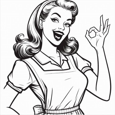 1940 'ların klasik kadını elini kaldırmış ve parmaklarını gevşek bir şekilde kıvırmış, siyah beyaz çizgilerle resmedilmiş. Temiz mizah tarzı, geçmişe dönük, nostaljik ve klasik temalı tasarımlar için mükemmel..