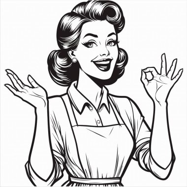 1940 'ların klasik kadını elini kaldırmış ve parmaklarını gevşek bir şekilde kıvırmış, siyah beyaz çizgilerle resmedilmiş. Temiz mizah tarzı, geçmişe dönük, nostaljik ve klasik temalı tasarımlar için mükemmel..