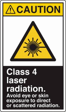 Lazer Tehlike, lazer radyasyona maruz kalma uyarısı için standart bir resim ve işaret etiketi içeriyor. Göz ve cilt için risk göstererek güvenliği sağlar, gerekli önlemleri gerektirir..