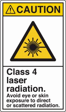 Lazer Tehlike, lazer radyasyona maruz kalma uyarısı için standart bir resim ve işaret etiketi içeriyor. Göz ve cilt için risk göstererek güvenliği sağlar, gerekli önlemleri gerektirir..