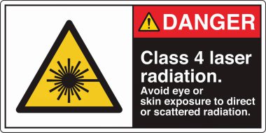 Lazer Tehlike, lazer radyasyona maruz kalma uyarısı için standart bir resim ve işaret etiketi içeriyor. Göz ve cilt için risk göstererek güvenliği sağlar, gerekli önlemleri gerektirir..