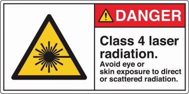 Lazer Tehlike, lazer radyasyona maruz kalma uyarısı için standart bir resim ve işaret etiketi içeriyor. Göz ve cilt için risk göstererek güvenliği sağlar, gerekli önlemleri gerektirir..