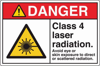 Lazer Tehlike, lazer radyasyona maruz kalma uyarısı için standart bir resim ve işaret etiketi içeriyor. Göz ve cilt için risk göstererek güvenliği sağlar, gerekli önlemleri gerektirir..