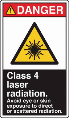 Lazer Tehlike, lazer radyasyona maruz kalma uyarısı için standart bir resim ve işaret etiketi içeriyor. Göz ve cilt için risk göstererek güvenliği sağlar, gerekli önlemleri gerektirir..