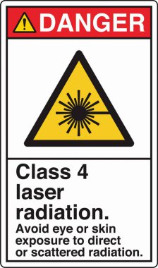 Lazer Tehlike, lazer radyasyona maruz kalma uyarısı için standart bir resim ve işaret etiketi içeriyor. Göz ve cilt için risk göstererek güvenliği sağlar, gerekli önlemleri gerektirir..