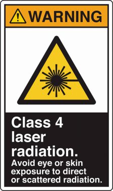 Lazer Tehlike, lazer radyasyona maruz kalma uyarısı için standart bir resim ve işaret etiketi içeriyor. Göz ve cilt için risk göstererek güvenliği sağlar, gerekli önlemleri gerektirir..