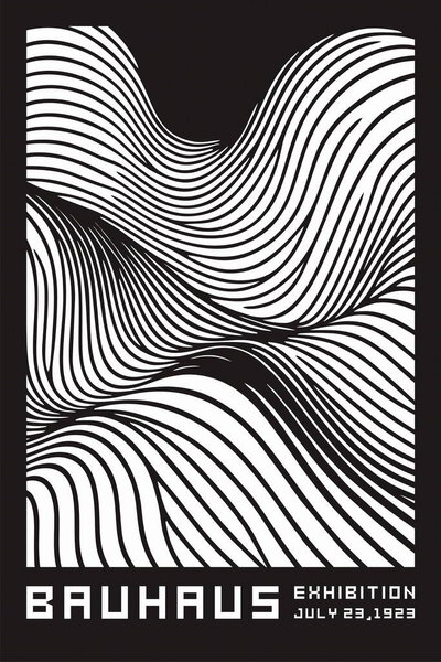 A Bauhaus wave pattern in monochrome black and white features geometric, fluid, and abstract curved lines inspired by Bauhaus design principles. Perfect for modern, minimalistic, and artistic compositions.
