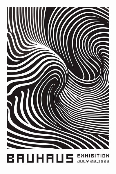 A Bauhaus wave pattern in monochrome black and white features geometric, fluid, and abstract curved lines inspired by Bauhaus design principles. Perfect for modern, minimalistic, and artistic compositions.