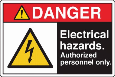 Yüksek voltaj, şok, yanık ya da ölümcül yaralanmalara yol açabilecek elektrik tehlikelerine karşı uyarıda bulunur. Standartlaştırılmış bir piktograma sahip olan bina, personeli yüksek voltajlı bölgelere karşı uyararak güvenliği sağlar..