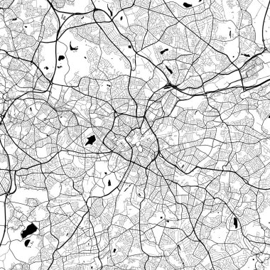 Birmingham Birleşik Krallık Şehir Minimalist Sokak Çizgisi Sanat Tek Renkli Siyah ve Beyaz Estetik Dekorasyon Haritası