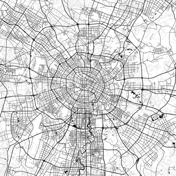 Chengdu Çin Şehri Minimalist Sokak Çizgisi Sanat Tek Renkli Siyah ve Beyaz Estetik Dekorasyon Haritası