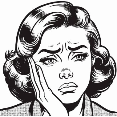 Baş ağrısı olan kadın yüzünün vektör çizimi.