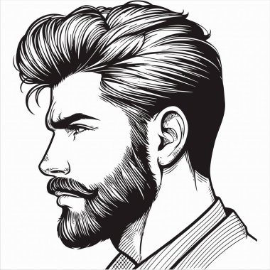 Siyah gömlekli sakallı adamın portresi. El çizimi vektör illüstrasyonu.