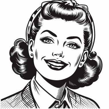 Retro saç stili, siyah beyaz çizimli bir kadının vektör çizimi
