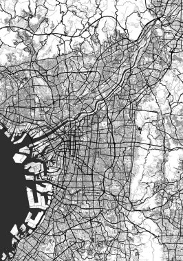 Osaka Şehir Minimalist Sokak Çizgisi Sanat Tek Renkli Siyah ve Beyaz Estetik Dekorasyon Haritası