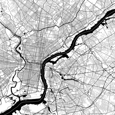 Philadelphia City Minimalist Sokak Çizgisi Sanat Tek Renkli Siyah ve Beyaz Estetik Dekorasyon Haritası