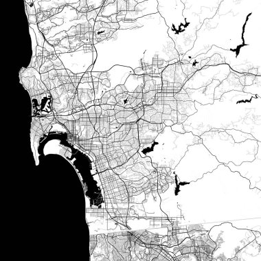 San Diego Şehir Minimalist Sokak Çizgisi Sanat Tek Renkli Siyah ve Beyaz Estetik Dekorasyon Haritası