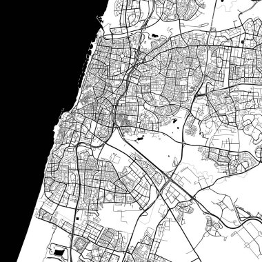 Tel Aviv İsrail Şehir Minimalist Sokak Çizgisi Sanat Tek Krom Siyah ve Beyaz Estetik Dekorasyon Haritası