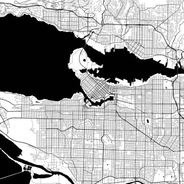 Vancouver Kanada Minimalist Sokak Çizgisi Sanat Tek Renkli Siyah ve Beyaz Estetik Dekorasyon Haritası