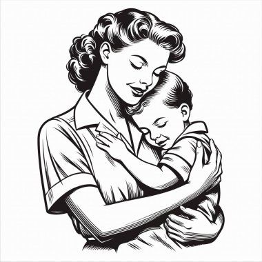 1940 'ların klasik pop sanatçısı beyaz gömlek giyen, küçük çocuğuna sarılan basit, siyah beyaz çizgili bir sanat tarzıyla resmedilmiş bir kadın. Klasik komedi estetiği, nostaljik ve iç açıcı tasarımlar için mükemmel..