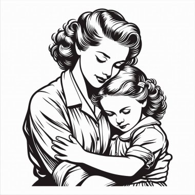 1940 'ların klasik pop sanatçısı beyaz gömlek giyen, küçük çocuğuna sarılan basit, siyah beyaz çizgili bir sanat tarzıyla resmedilmiş bir kadın. Klasik komedi estetiği, nostaljik ve iç açıcı tasarımlar için mükemmel..