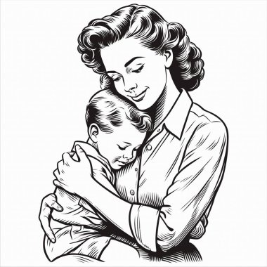 1940 'ların klasik pop sanatçısı beyaz gömlek giyen, küçük çocuğuna sarılan basit, siyah beyaz çizgili bir sanat tarzıyla resmedilmiş bir kadın. Klasik komedi estetiği, nostaljik ve iç açıcı tasarımlar için mükemmel..