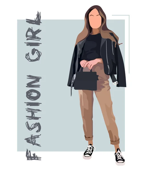 Mode Modell Poserar Vacker Ung Kvinna Rock Modekvinna Med Väska — Stock vektor