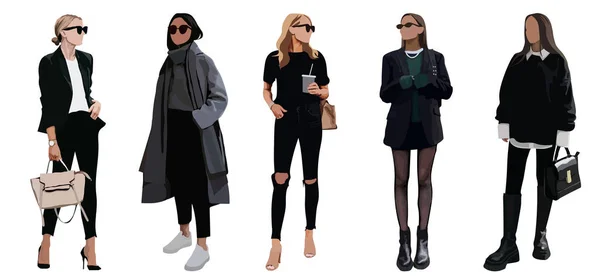Kollektion Snygga Unga Kvinnor Klädda Trendiga Kläder Uppsättning Fashionabla Casual — Stock vektor