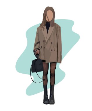 Beyaz arka planda izole edilmiş güzel, genç, kadın moda modelinin tasviri. Cazibeli sokak kızı. Güzel, şık bir kadın.