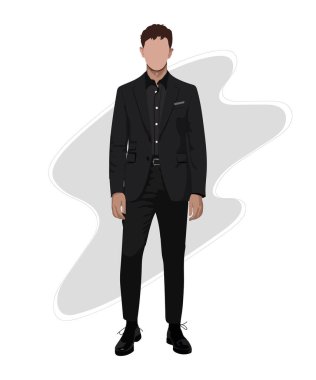 İlginç bir erkek çizgi film karakteri üzerinde iş elbisesi giymiş şık bir erkek işadamı. Moda elbiseli adamlar. Düz biçim vektör illüstrasyonu.
