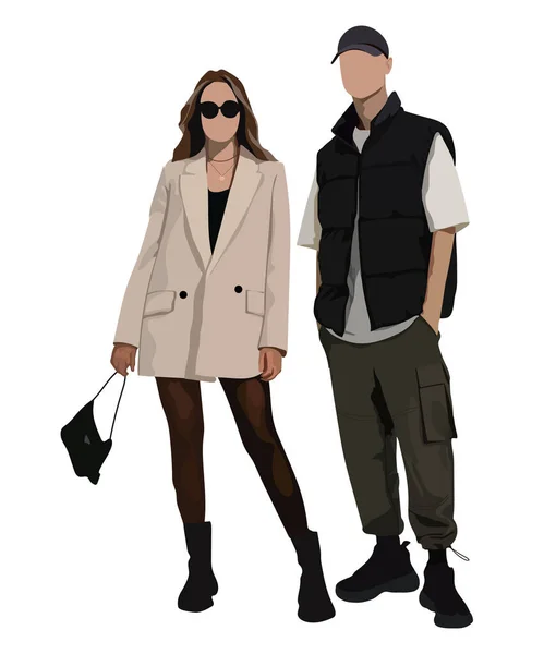 Couple Élégant Jeunes Gens Homme Femme Sur Fond Blanc Illustration — Image vectorielle