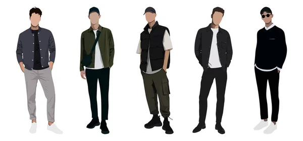 Grupo Hombres Moda Trajes Modernos Moda Jóvenes Que Visten Ropa — Vector de stock