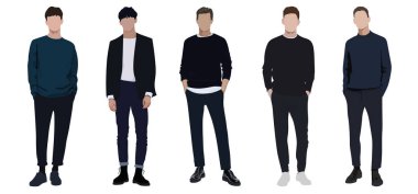 Modern moda kıyafetleri içinde grup modacıları. Genç insanlar şık yaz kıyafetleri giyerler. Beyaz arka planda izole edilmiş modaya uygun adamın renkli düz grafik çizimi