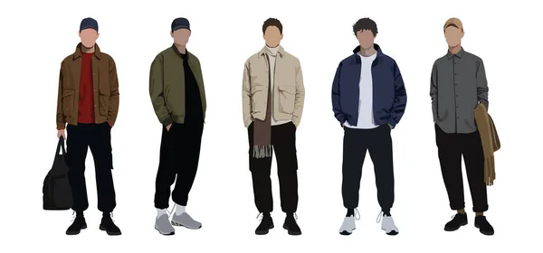 Groupe Hommes Mode Dans Des Tenues Modernes Mode Jeunes Gens — Image vectorielle