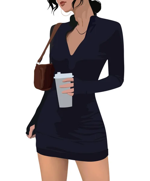Une Très Belle Fille Dans Une Robe Noire Serrée Mode — Image vectorielle