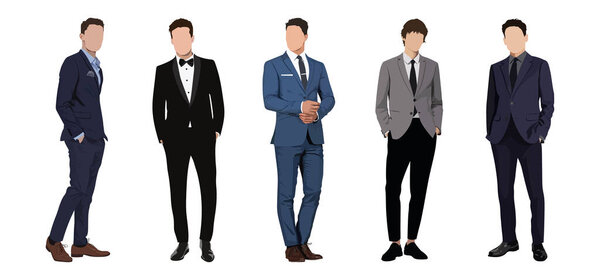 Набор бизнесменов на белом фоне в деловых костюмах в плоском стиле. набор векторных иллюстраций стильных и модных мужчин изолированных