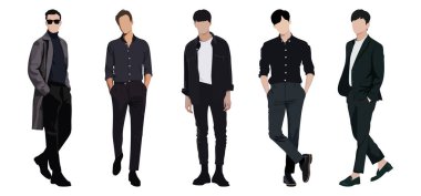 Modern moda kıyafetleri içinde grup modacıları. Genç insanlar şık yaz kıyafetleri giyerler. Beyaz arka planda izole edilmiş modaya uygun adamın renkli düz grafik çizimi