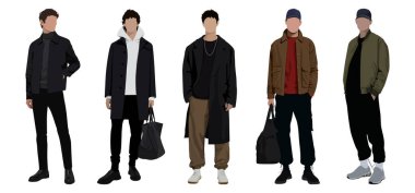 Modern moda kıyafetleri içinde grup modacıları. Genç insanlar şık yaz kıyafetleri giyerler. Beyaz arka planda izole edilmiş modaya uygun adamın renkli düz grafik çizimi