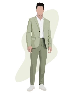 İlginç bir erkek çizgi film karakteri üzerinde iş elbisesi giymiş şık bir erkek işadamı. Moda elbiseli adamlar. Düz biçim vektör illüstrasyonu.
