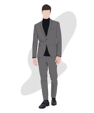 İlginç bir erkek çizgi film karakteri üzerinde iş elbisesi giymiş şık bir erkek işadamı. Moda elbiseli adamlar. Düz biçim vektör illüstrasyonu.