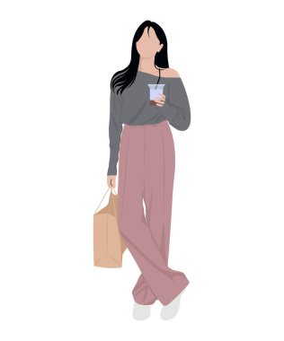 Şık giyinmiş şık bir kız, beyaz bir arka planda vektör çizimi.