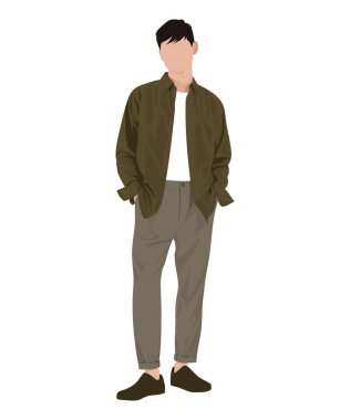 Beyaz tişörtlü, açık gri pantolonlu ve zeytin ceketli bir adamın vektör çizimi..