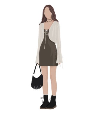 Beyaz pelerinli kahverengi elbiseli bir kızın vektör çizimi..