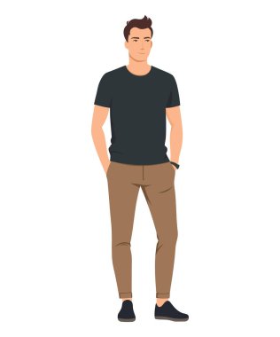 Lacivert polo gömlekli ve bej pantolonlu bir adamın vektör çizimi..