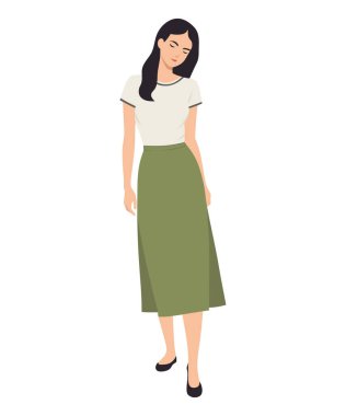 Açık tişörtlü, yeşil etekli ve beyaz ayakkabılı bir kızın vektör çizimi.