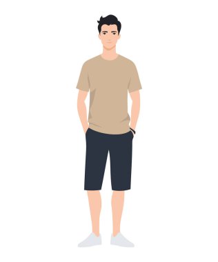 Yazın giydiği kahverengi tişörtlü ve koyu şortlu bir adamın vektör çizimi.