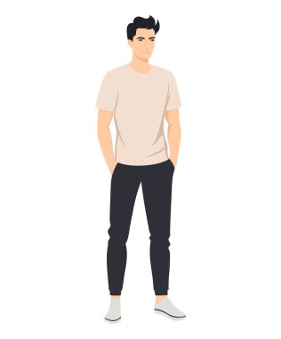 Bej tişörtlü ve siyah pantolonlu bir adamın tasviri şık ve minimalist bir görünüm yaratıyor..